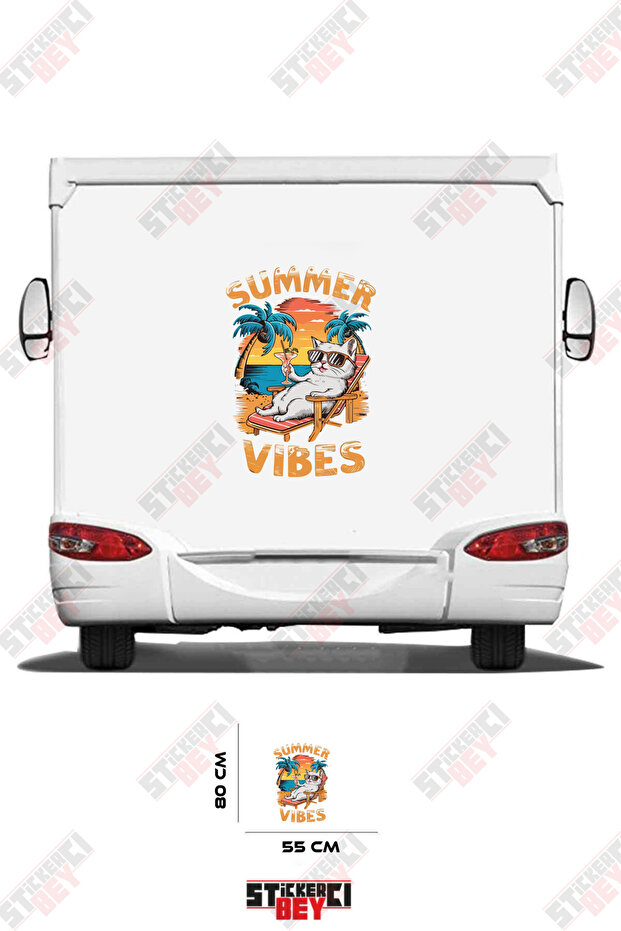 ملصق كارافان بتصميم قطة تشمئز من الشمس مع نص 'SUMMER VIBES'