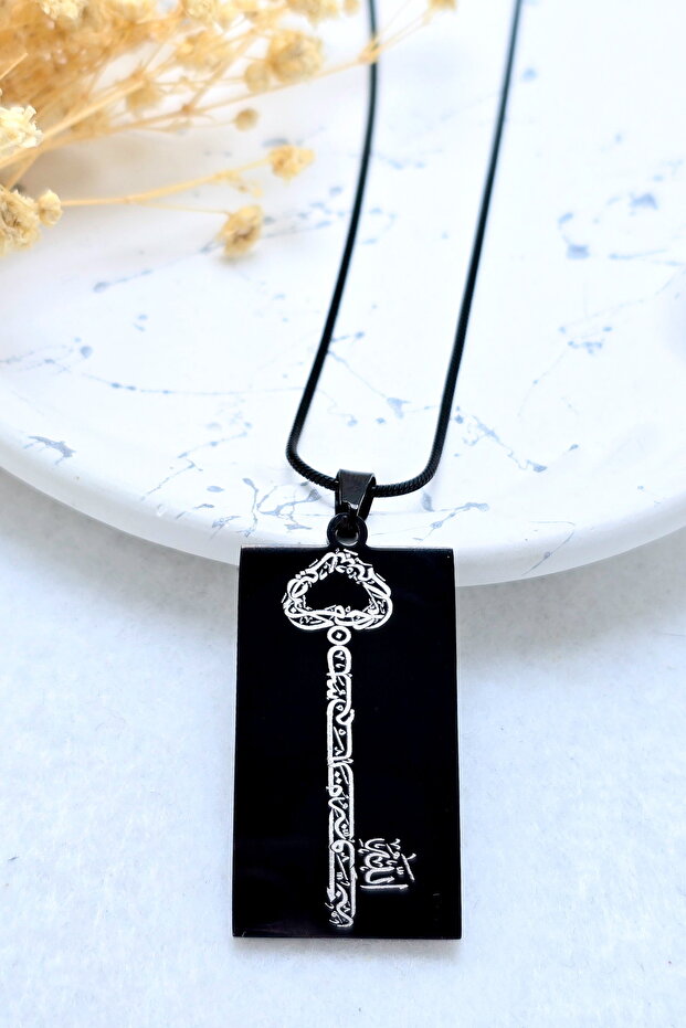 Black, Double-Sided Ayatul Kursi & Hat Besmele Written Prayer Stainless Steel Necklace with Italian Chain