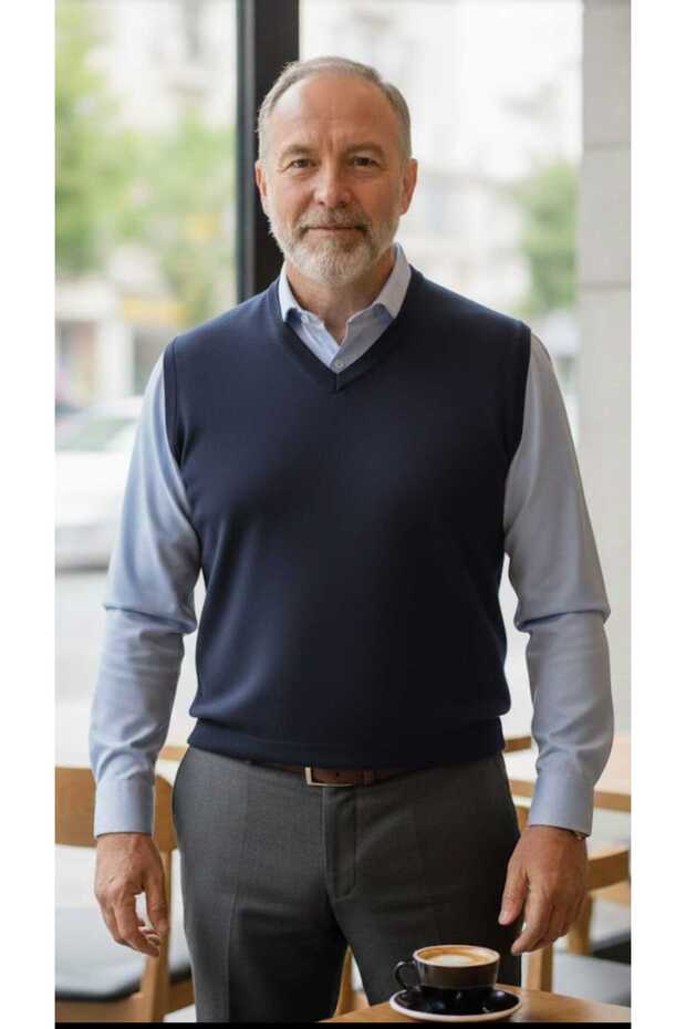 سترة رجالية من الصوف الرقيق ذات لون واحد وياقة على شكل حرف V - 1