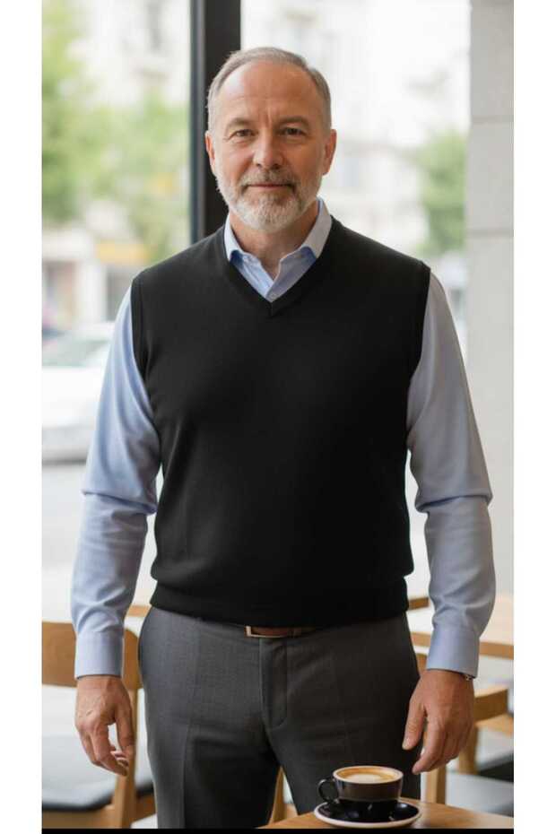 سترة رجالية من الصوف الرقيق ذات لون واحد وياقة على شكل حرف V - 1