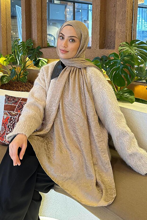 G Desen Ayrobin Floş Jacquard Shawl in Mink Color