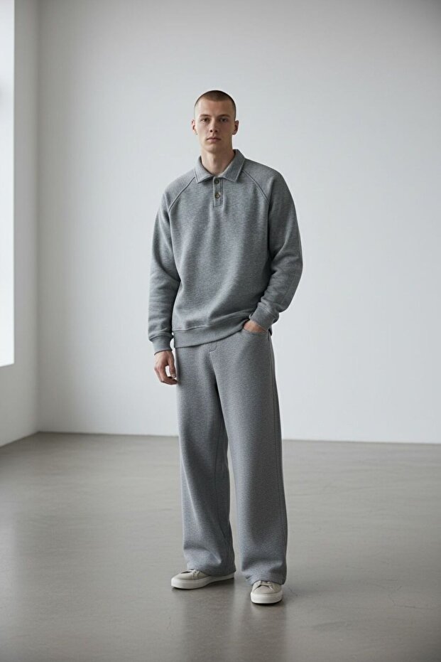Men's 3 Thread Thick Gray Buttoned Polo Neck and Baggy Tracksuit Set