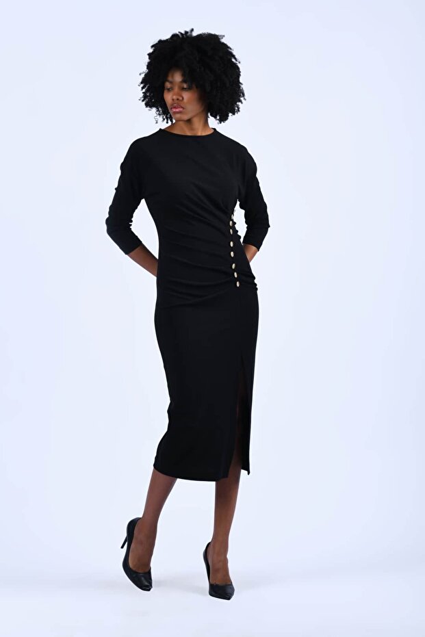 Siyah Düğmeli Drapeli Elbise - QE402 - 3