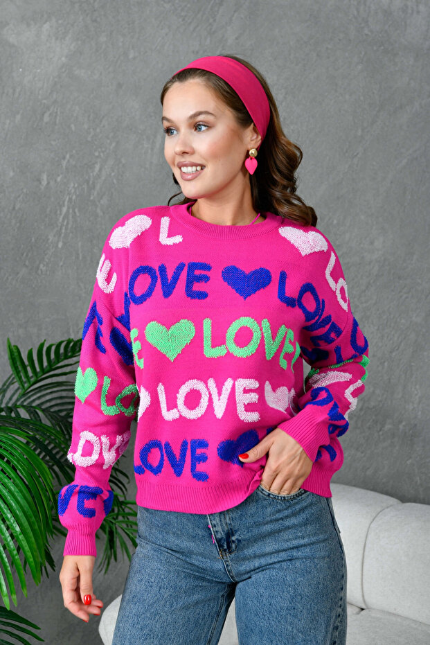 Women's Crew Neck Love Knitted Patterned Terry Fabric Knitwear Sweater 10469