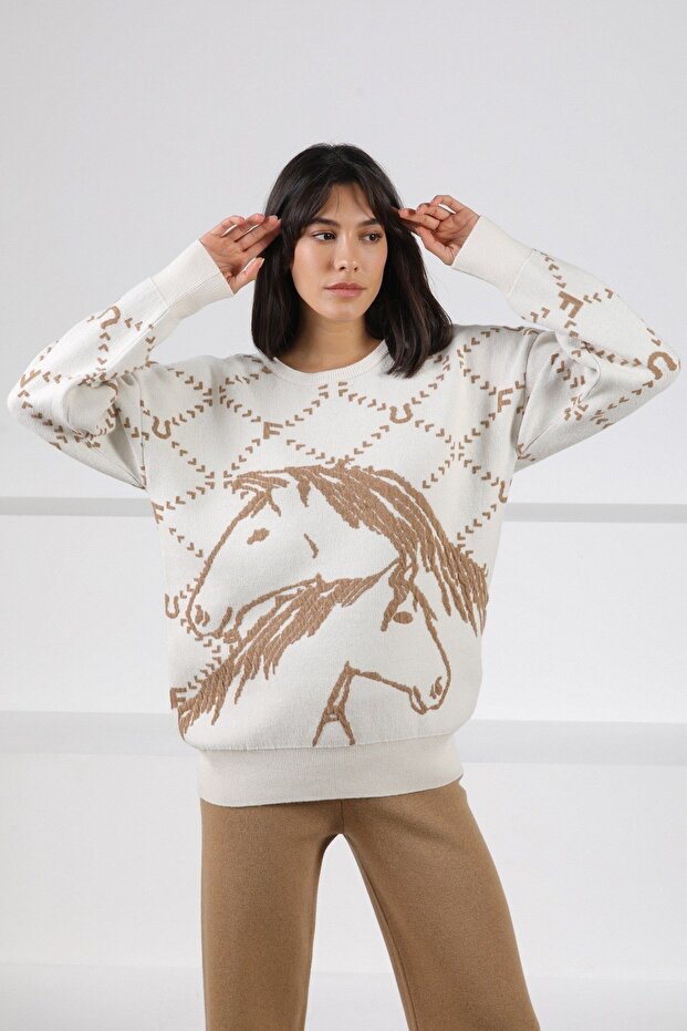 Ecru/Camel Long Sleeve Crew Neck Cashmere Embossed Patterned Women's Knitwear Sweater