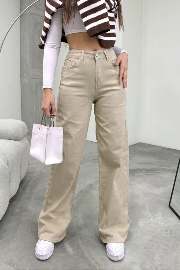 Women's Beige High-Waisted Wide-Leg Loose Palazzo Jeans