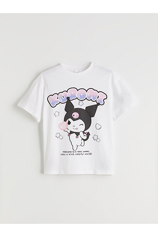 White Crew Neck Kuromi Printed Girl's T-Shirt