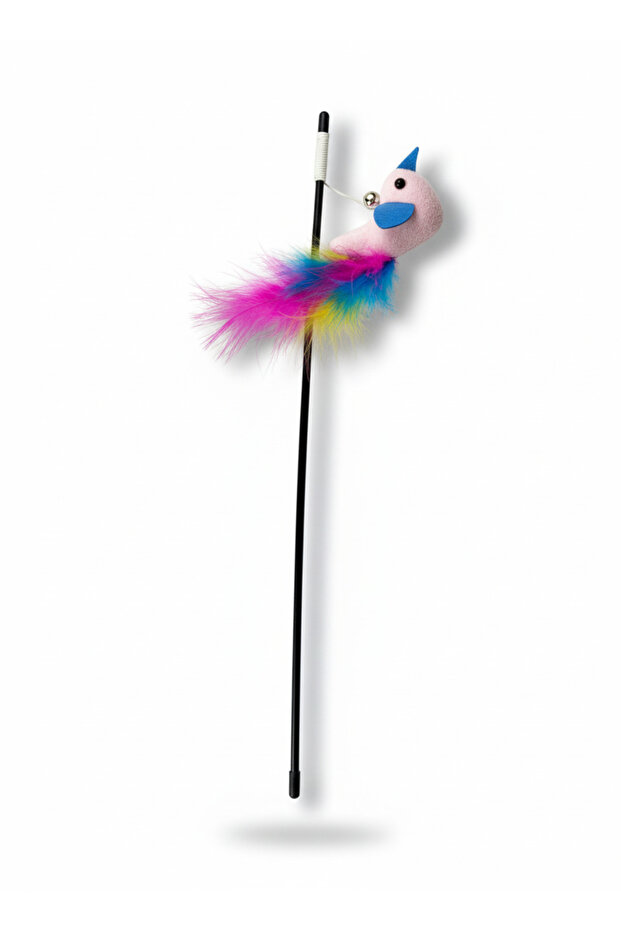 Bird Figured Bell Tailed Feathered Cat Fishing Rod – Interactive Cat Toy Stick with Colorful Tail
