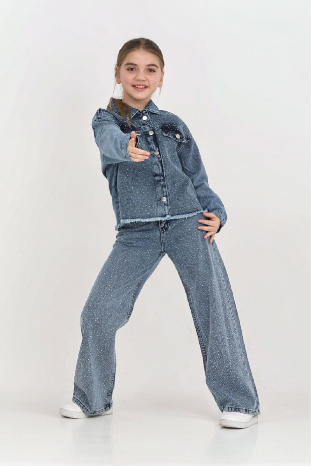 Girls' Denim Set with Stone Embellishment (Jacket + Pants) 12452