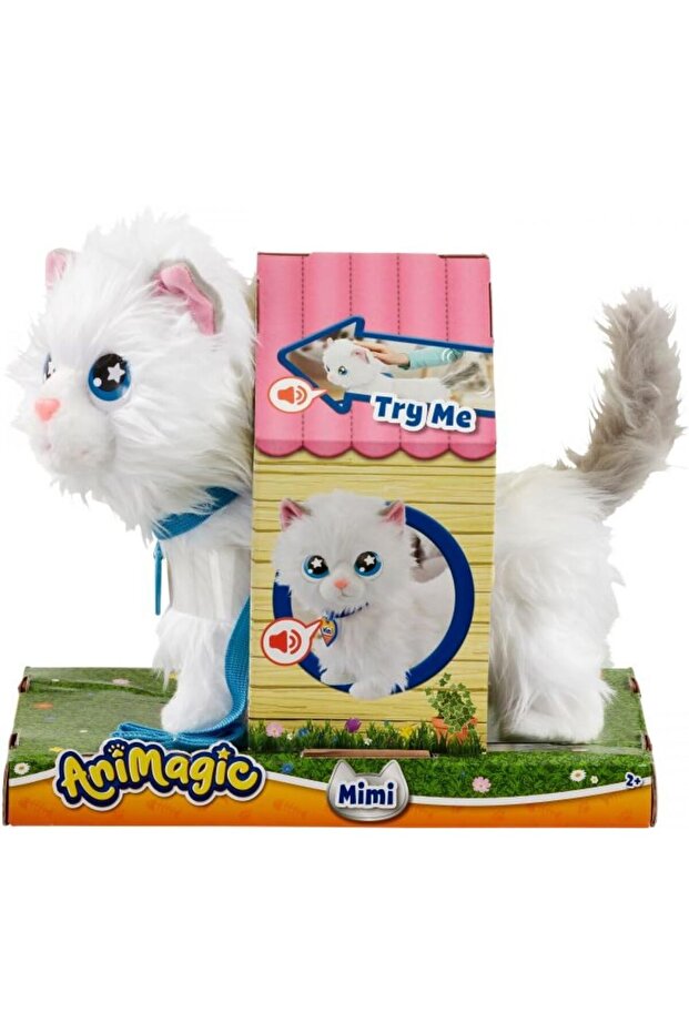Animagic Mimi the Cat Interactive Plush Toy, Walking and Meowing, Soft White Fur, Batteries Included