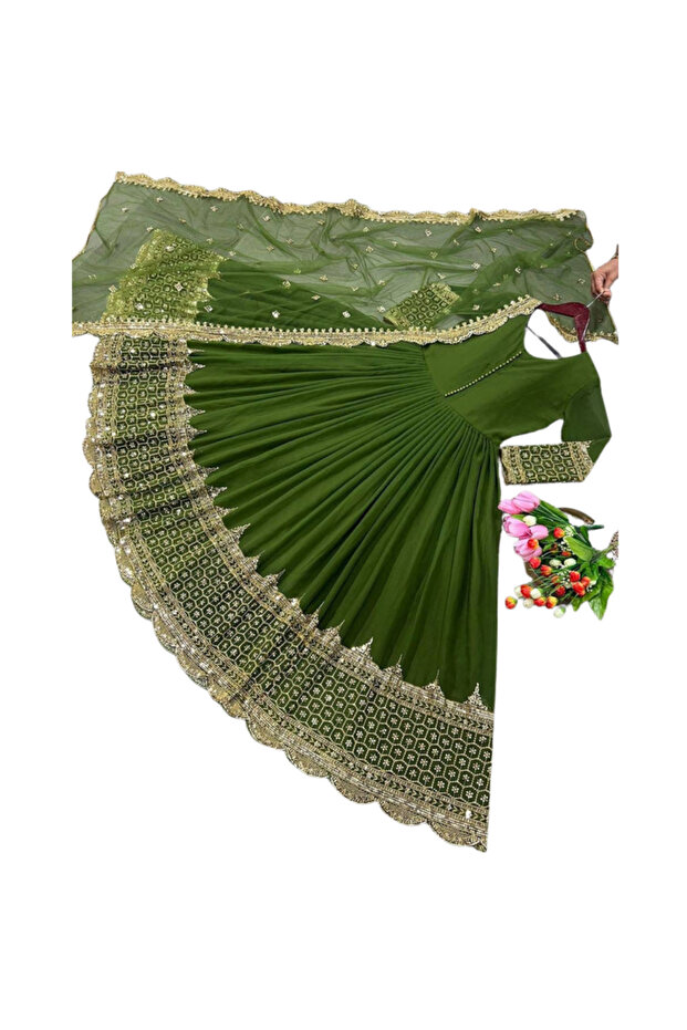 Green Faux Georgette Gown Set - PMM18510 | Green