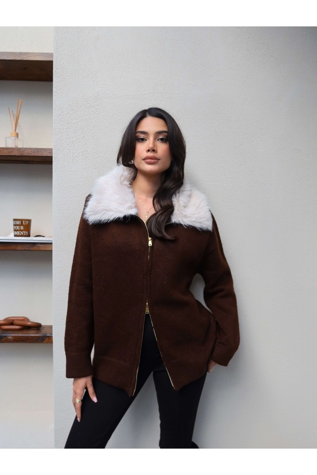 Collar Fur Zippered Knitwear Cardigan