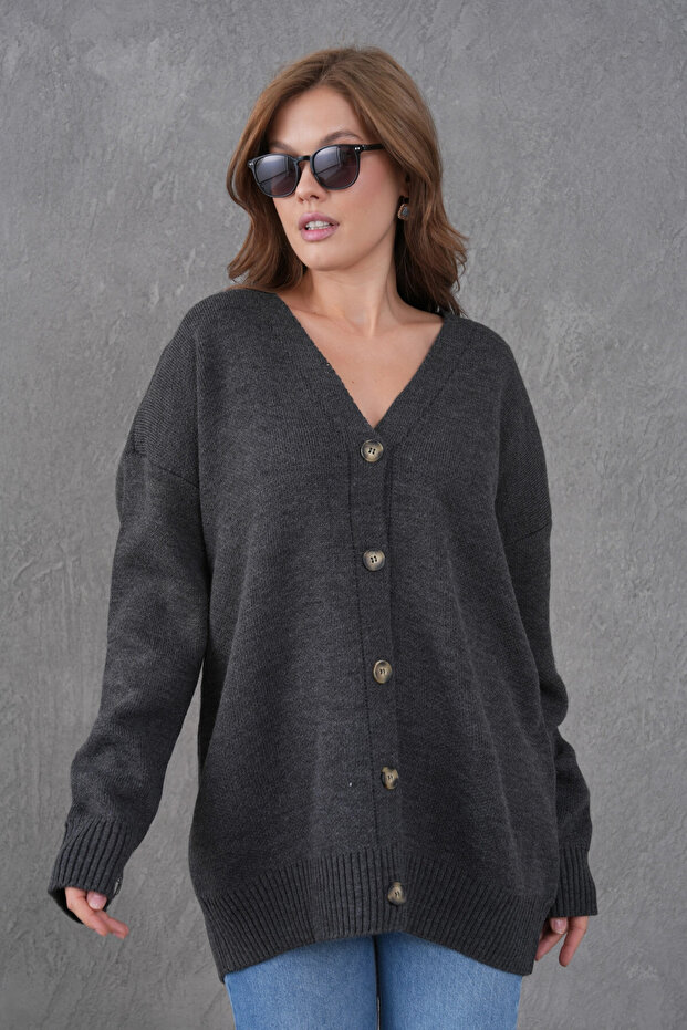 Women's V-Neck Button Closure Oversized Long Knitwear Cardigan 8596