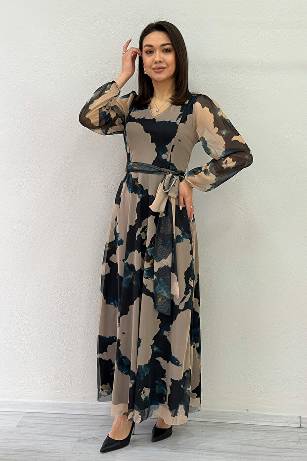 Women's V-Neck Belted Tie-Dye Pattern Tulle Midi Length Plus Size Dress Beige, Red, Blue
