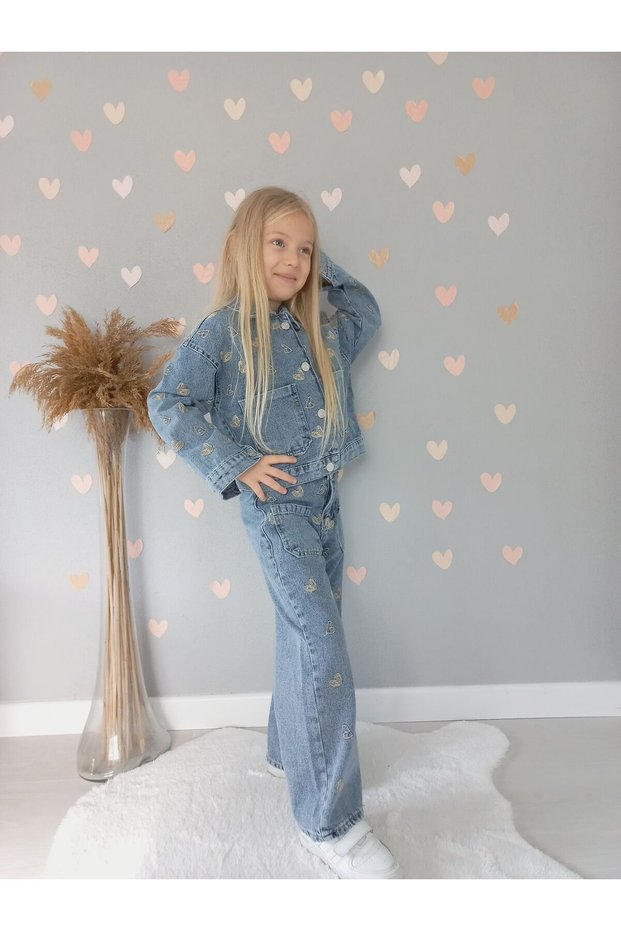 Girl's Denim Suit Top and Bottom Set Transitional and Winter Super Quality Cotton Fabric Hundred Percent