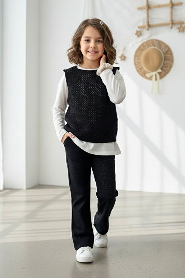 My Little One's Knitted Sweater with Ribbed Pattern, Girl's Set with Stone Leggings, 3-Piece Set - Black