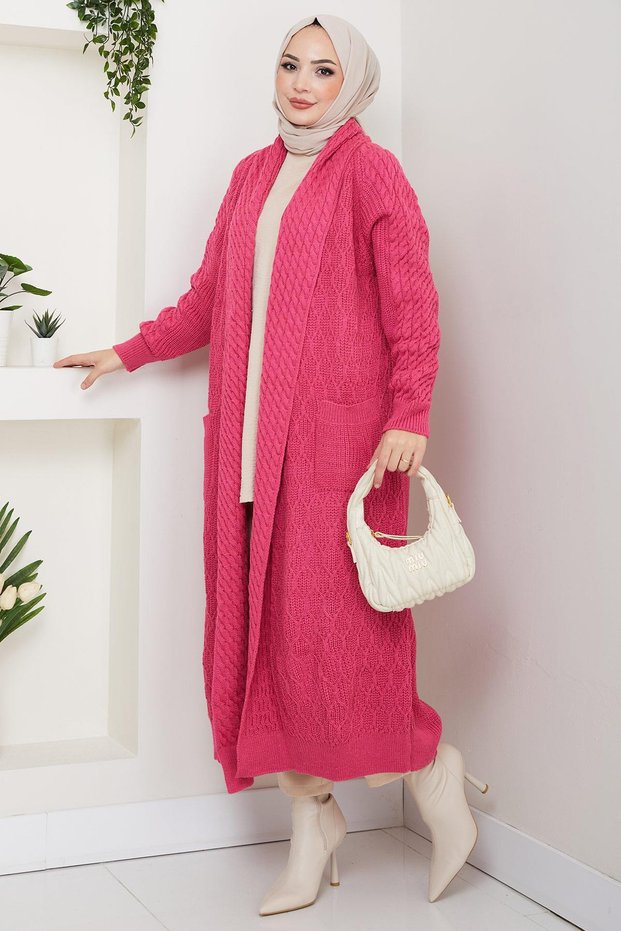 Shawl Collar Casual Knitwear Cardigan Fuchsia Hm2248
