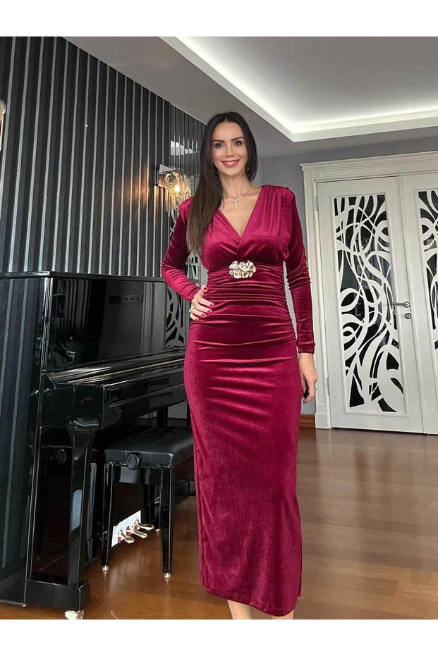 Burgundy Floral Belted Long Velvet Dress