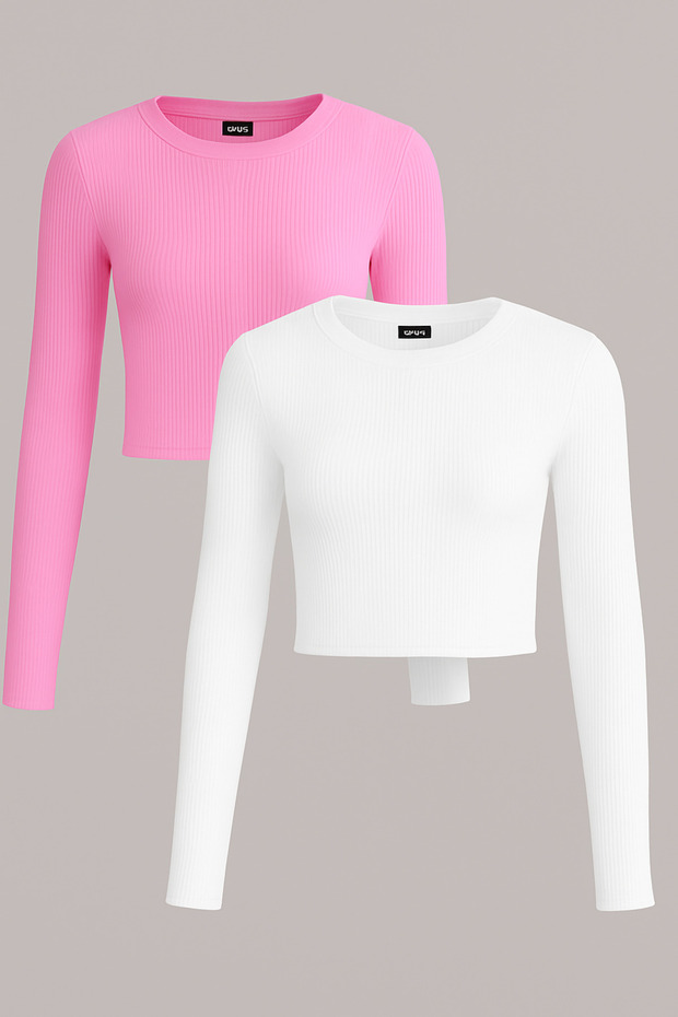 2 Pcs Women's Ribbed Crew Neck Ribbed Knit Cropped Blouse