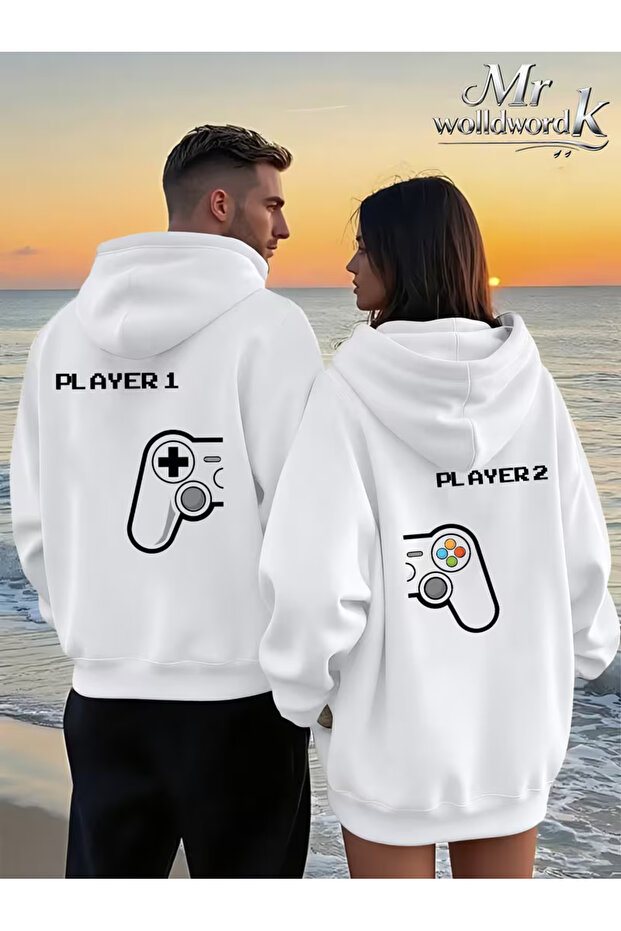 Player 1 Player 2 Lover's Combination Hoodie - Unisex Oversize Hooded Sweatshirt Set of 2 White