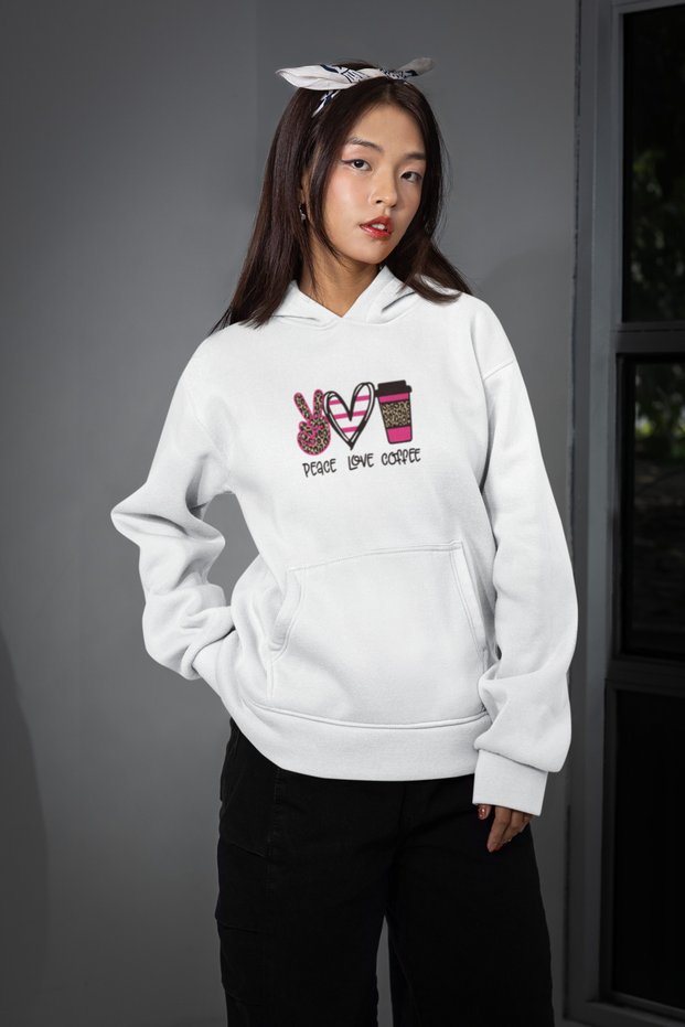 Peace Love Coffee Cotton Long Sleeve Fleece-Lined 3 Yarn Women Ka Hooded Weatshirt