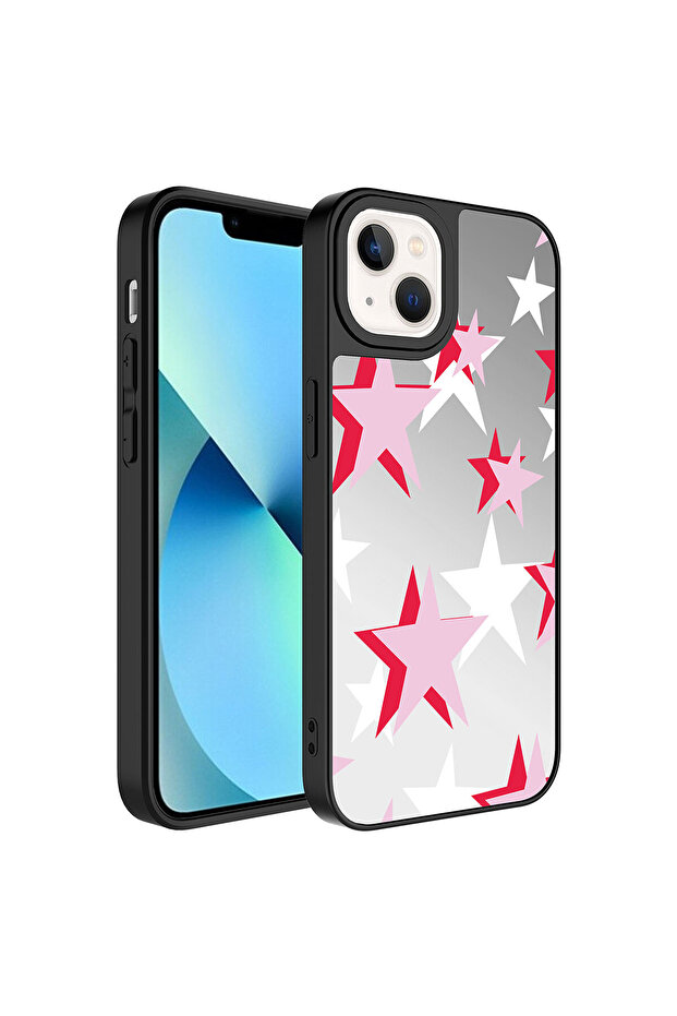 iPhone 13 Compatible Mirrored Patterned Camera Protected Glossy Safa Mirror Case-Star - 1