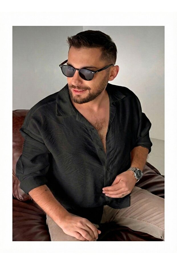 Linen Textured 4 Transitional Loose Sports Collar Shirt Black