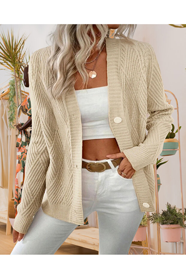 Diamond Patterned Buttoned Woven Detail Long-Sleeved Knit Cardigan Women's Comfortable Detail
