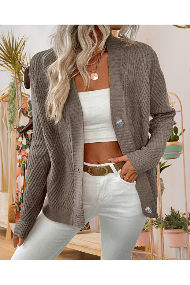 Diamond Patterned Buttoned Woven Detail Long-Sleeved Knit Cardigan Women's Comfortable Detail