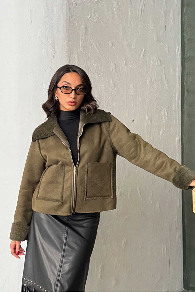Suede Rabbit Laminated Coat - Khaki | F2027