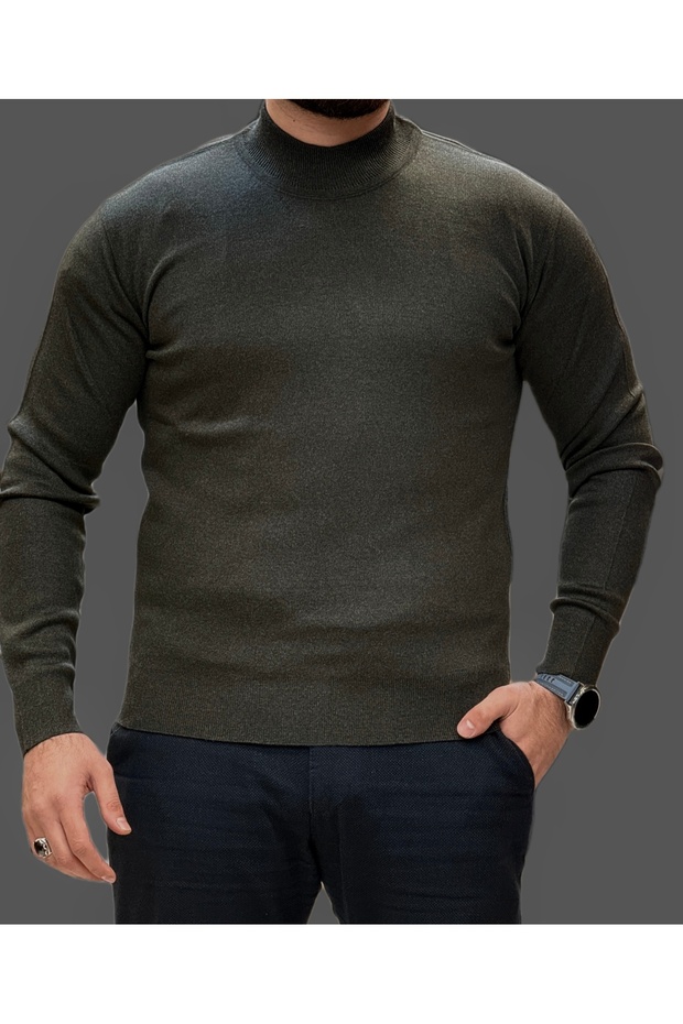 Men's Regular Fit Anthracite Half Turtleneck Wool Sweater