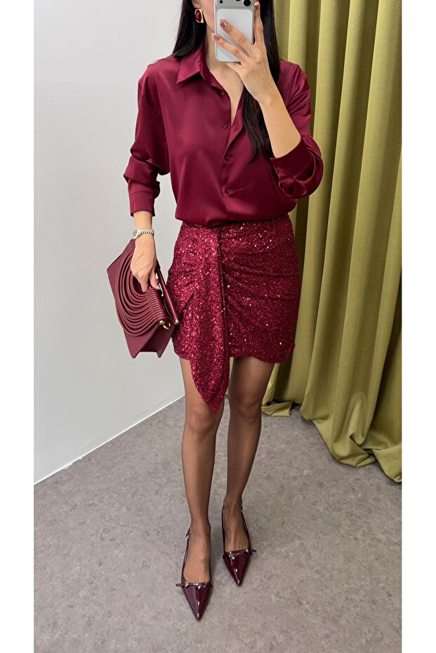 Bağlamalı Bordo Pullu Etek - 4