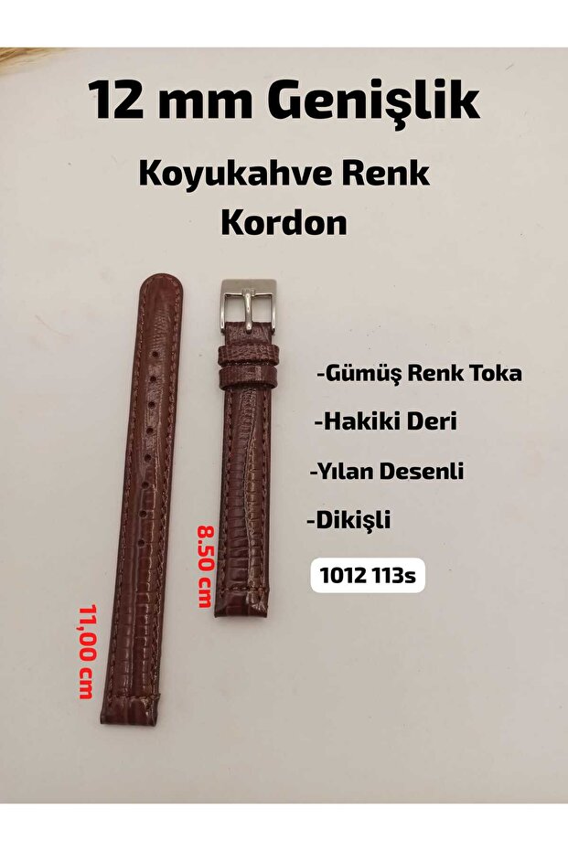12 mm Compatible Watch Strap - Genuine Leather Dark Brown Color Snake Patterned Model, Silver Color Buckle, (Second Item in the Cart Is 100 Tl.)