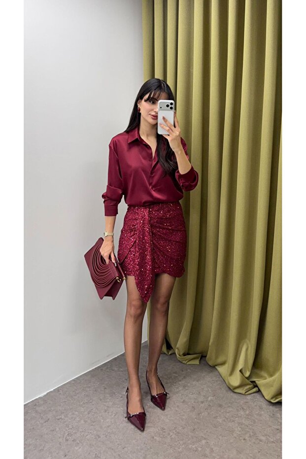 Bağlamalı Bordo Pullu Etek - 1