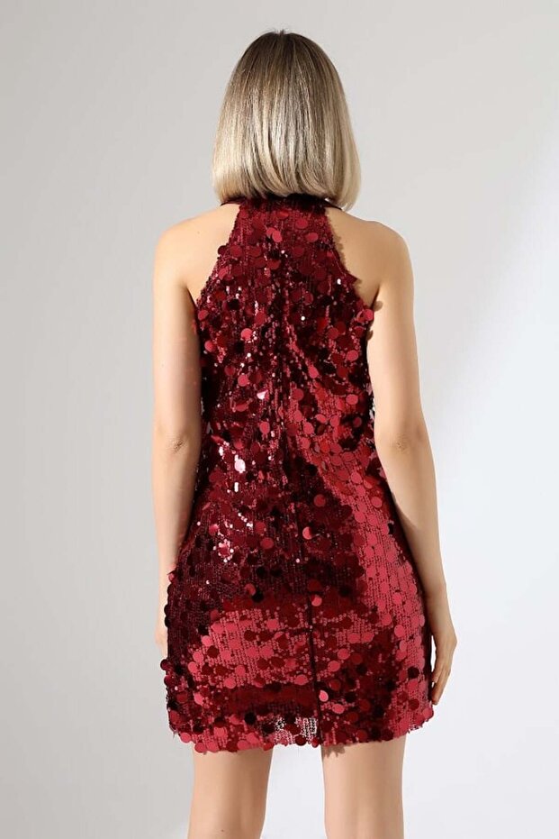 Halter Yaka Payetli Mini Elbise - 4