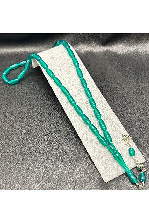 Fine Long Capsule Cut Green Color Powder Amber Prayer Beads