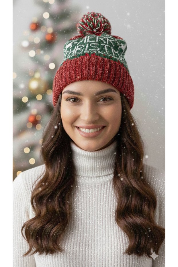 Glittery Red Pompom Christmas Beanie | Unisex Women's Men's Winter Beanie