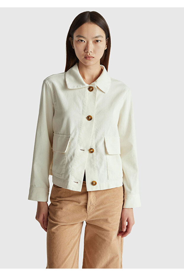 Women's Cream 100% Cotton Pocket Buttoned Shirt Collar Jacket