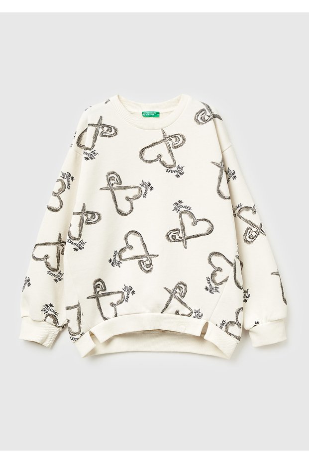 Girl's Ecru All Printed Logo Label Detailed Slit Sweatshirt