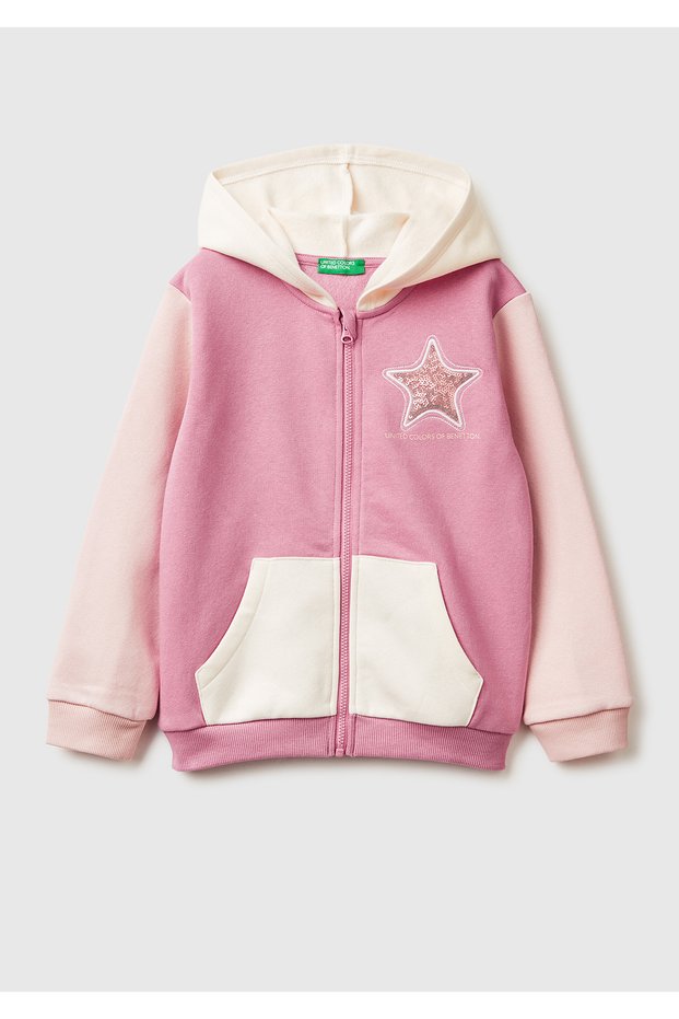 Girl's Cream-Pink Color Block Sequin Embroidered Zippered Hooded Fleece-Lined Sweatshirt