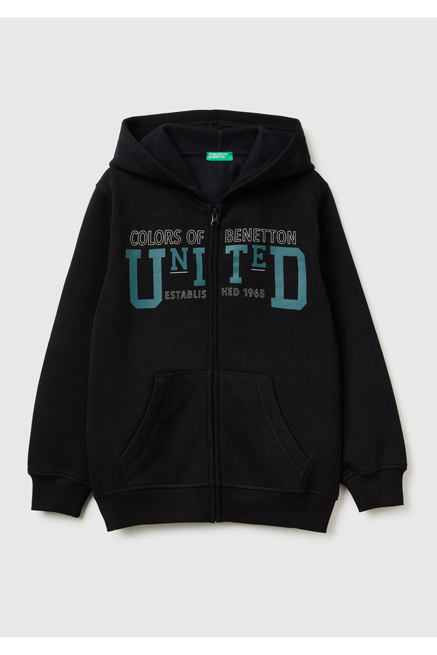 Boy's black logo front Printed pocket zippered Fleece-Lined sweatshirt