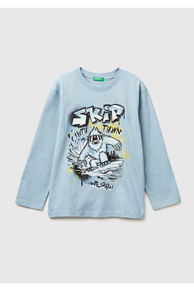 Boy's light blue front and back Printed long sleeve t-shirt