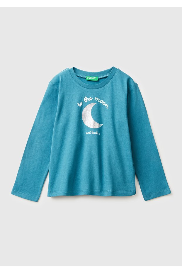 Girl's Petrol Blue Glitter Printed Crew Neck Regular Fit Long Sleeve T-Shirt