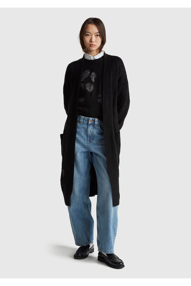 Women's Black Wool Blend Ribbed Detailed Pocketed Long Cardigan