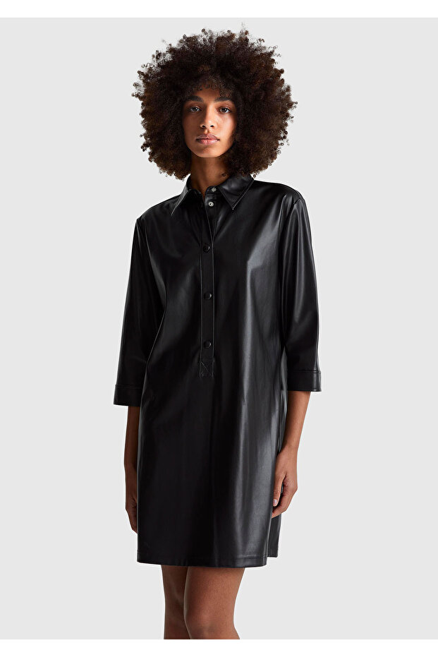 Women's black Leather-Look button-front long sleeve dress