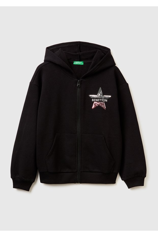 Girl's Black Sequined Logo Pocket Sweatshirt Hooded Fleece-Lined