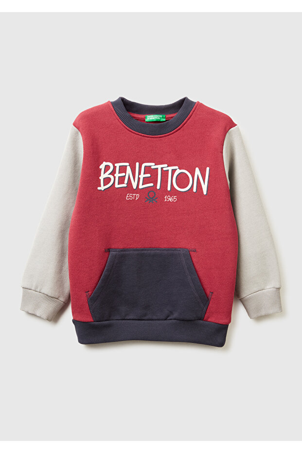 Boy's Burgundy-Grey Front Logo Printed Pocket Crew Neck Regular Fit Sweatshirt