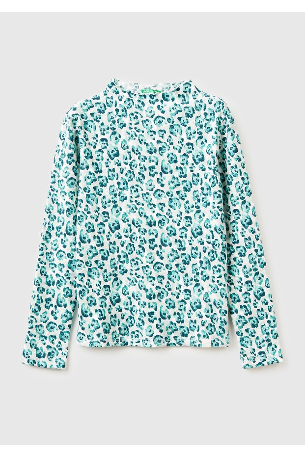 Girl's mint green all-over Printed logo label mock neck long sleeve t-shirt