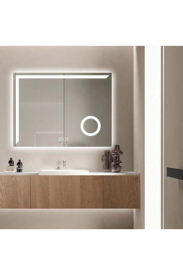 LED Mirror 80×60 cm Rectangular, Motion Sensor Premium – 3 Light Types, Dimmable, Clock & Tempera - 1