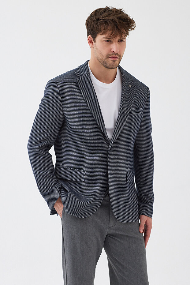 Pasure Men's Navy Blue Cotton Mono Collar Flexible Fabric Self-Wiping Slim Fit Sports Blazer Jacket